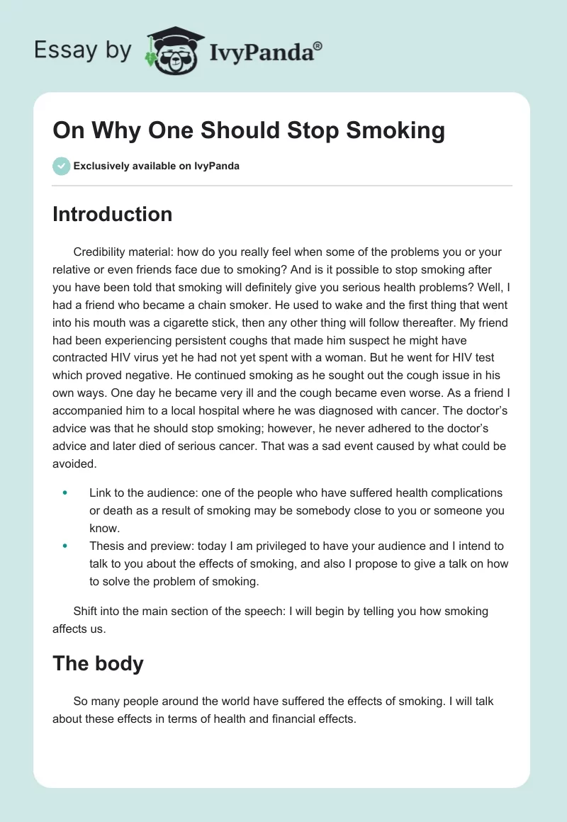 On Why One Should Stop Smoking. Page 1