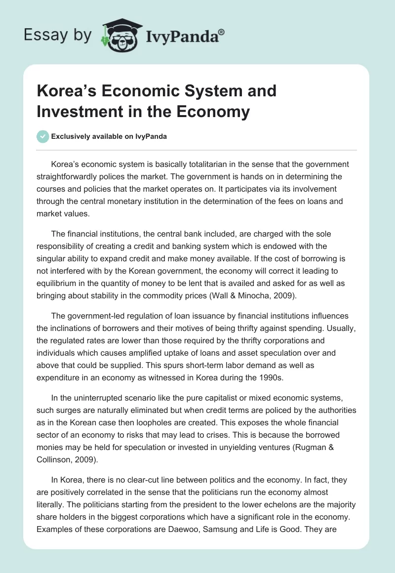 Korea’s Economic System and Investment in the Economy. Page 1