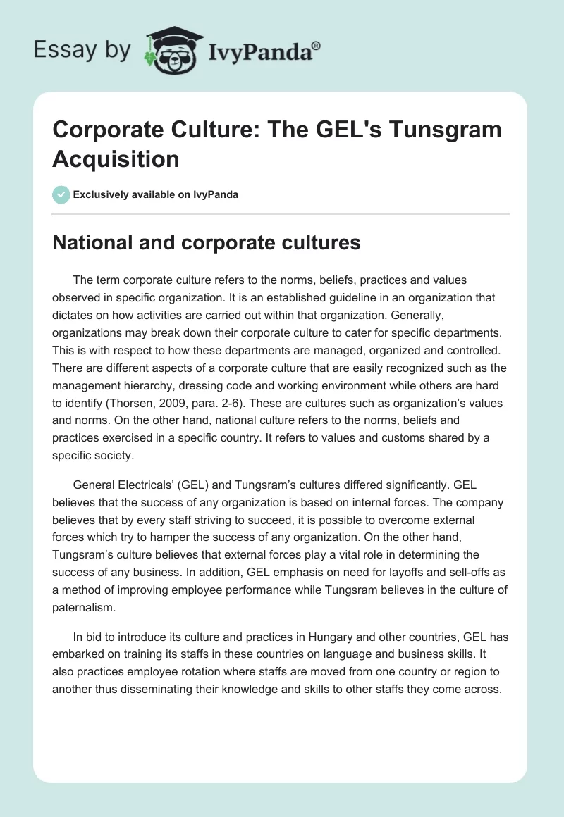 Corporate Culture: The GEL's Tunsgram Acquisition. Page 1
