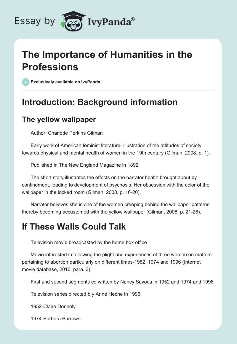 The Importance of Humanities in the Professions. Page 1