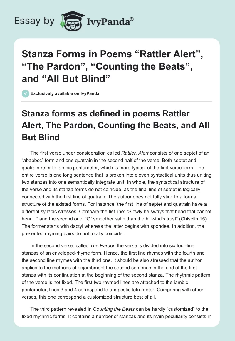 Stanza Forms in Poems “Rattler Alert”, “The Pardon”, “Counting the Beats”, and “All But Blind”. Page 1