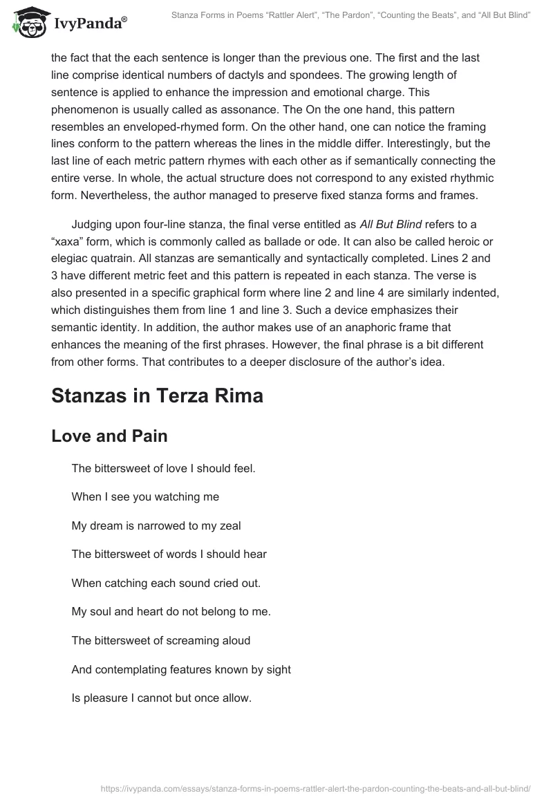 Stanza Forms in Poems “Rattler Alert”, “The Pardon”, “Counting the Beats”, and “All But Blind”. Page 2