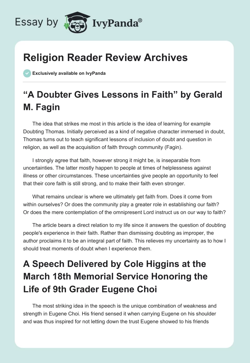 Religion Reader Review Archives. Page 1