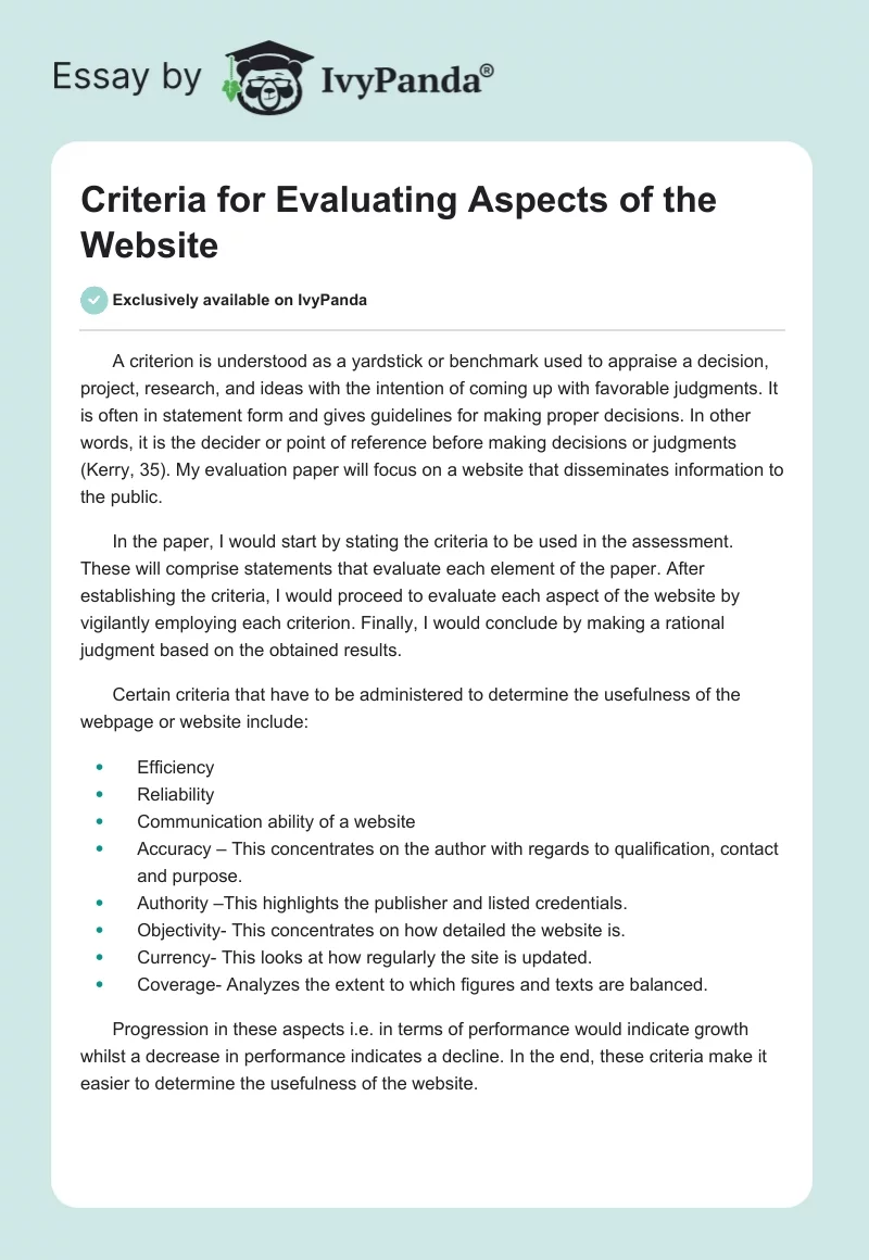 Criteria for Evaluating Aspects of the Website. Page 1