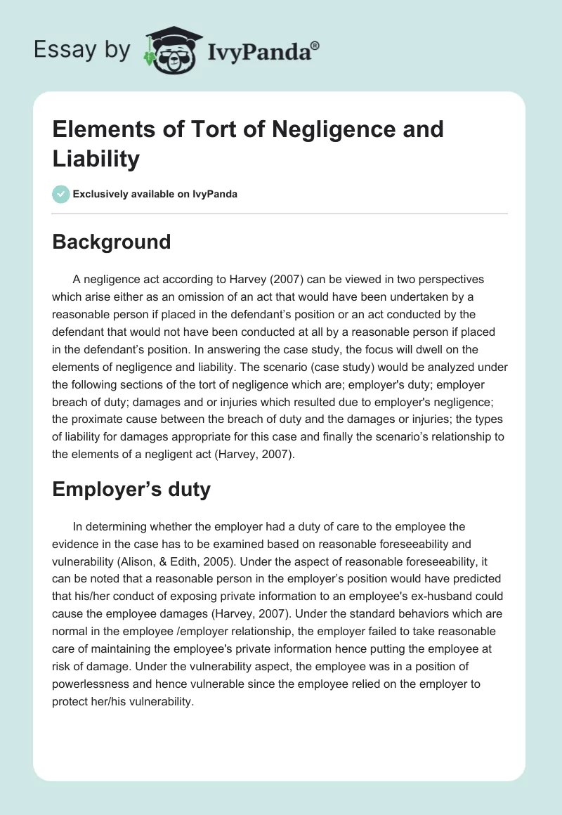 Elements of Tort of Negligence and Liability. Page 1