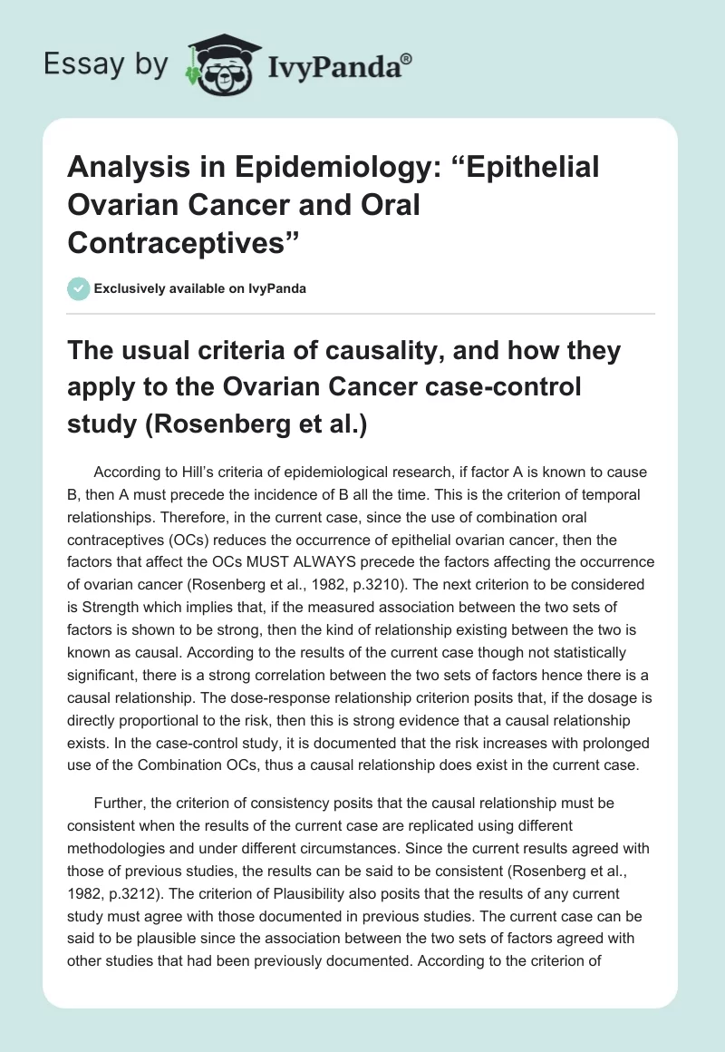 Analysis in Epidemiology: “Epithelial Ovarian Cancer and Oral Contraceptives”. Page 1