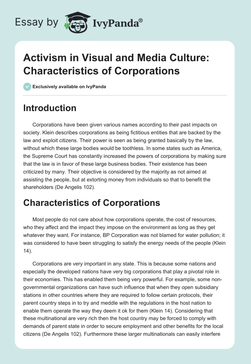 Activism in Visual and Media Culture: Characteristics of Corporations. Page 1