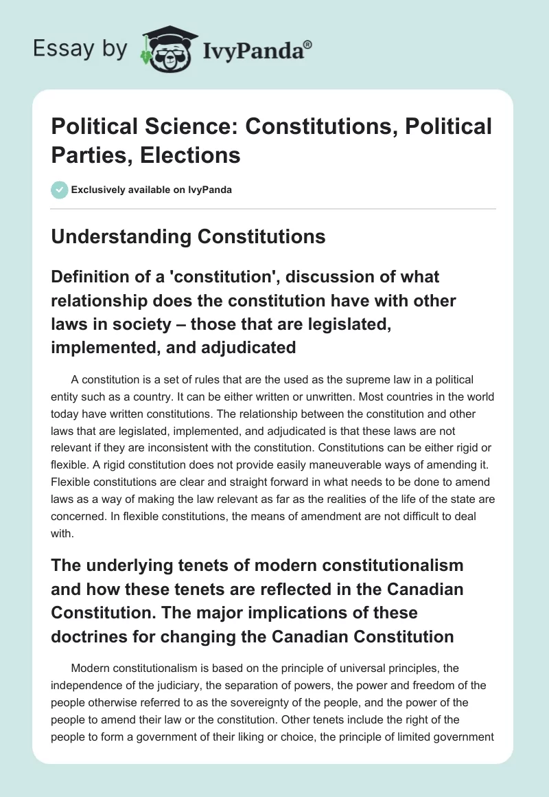 Political Science: Constitutions, Political Parties, Elections. Page 1