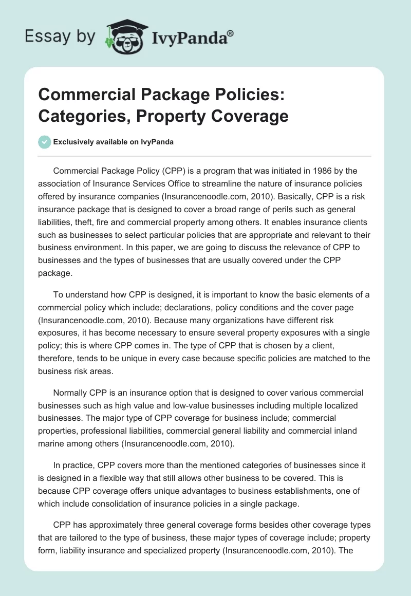 Commercial Package Policies: Categories, Property Coverage. Page 1