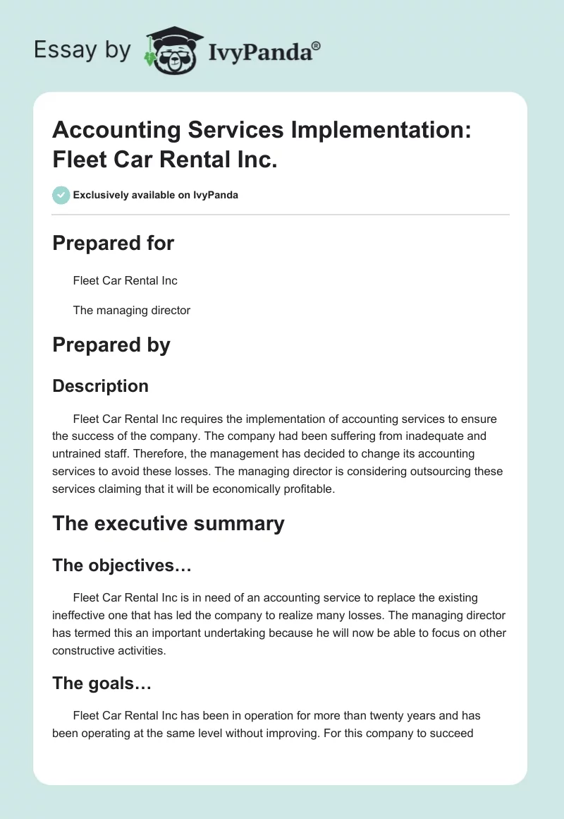 Accounting Services Implementation: Fleet Car Rental Inc.. Page 1