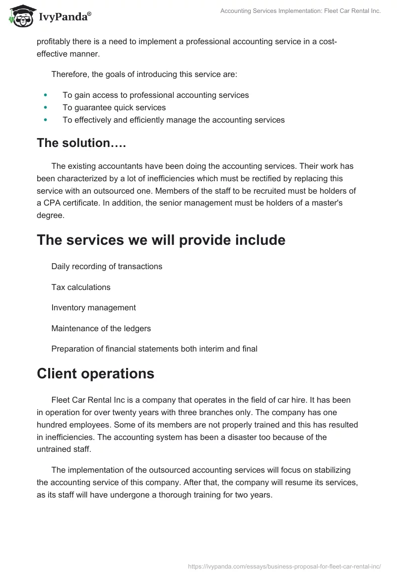 Accounting Services Implementation: Fleet Car Rental Inc.. Page 2