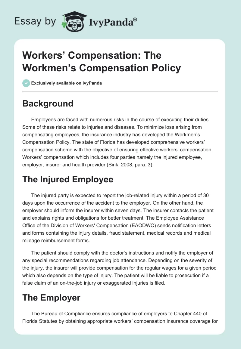 Workers’ Compensation: The Workmen’s Compensation Policy. Page 1