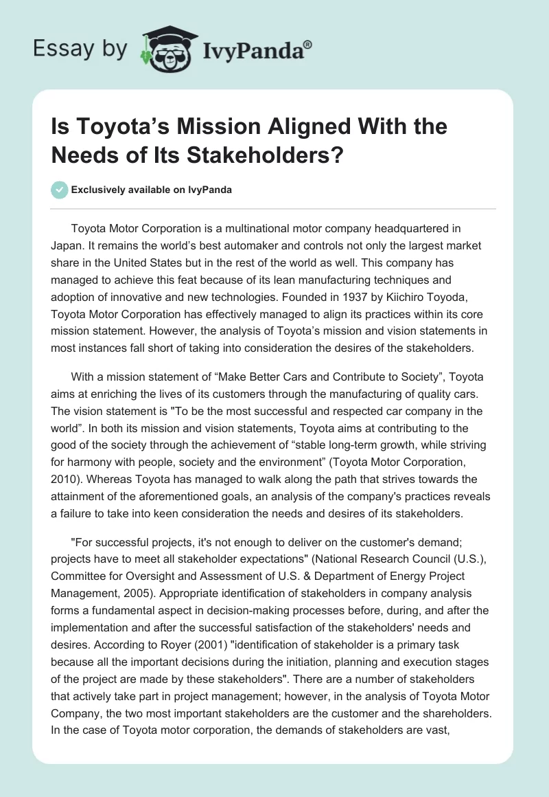 Is Toyota’s Mission Aligned With the Needs of Its Stakeholders?. Page 1