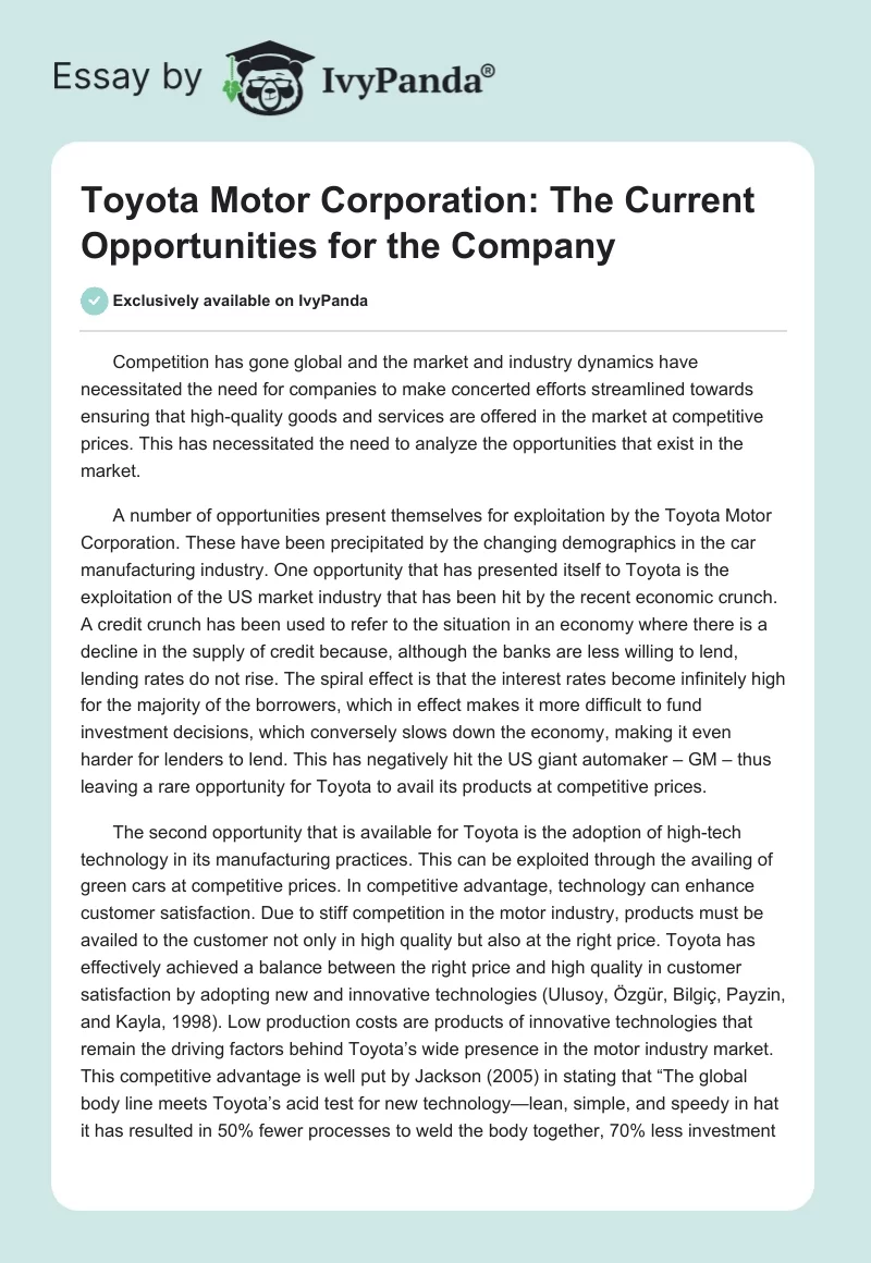 Toyota Motor Corporation: The Current Opportunities for the Company. Page 1