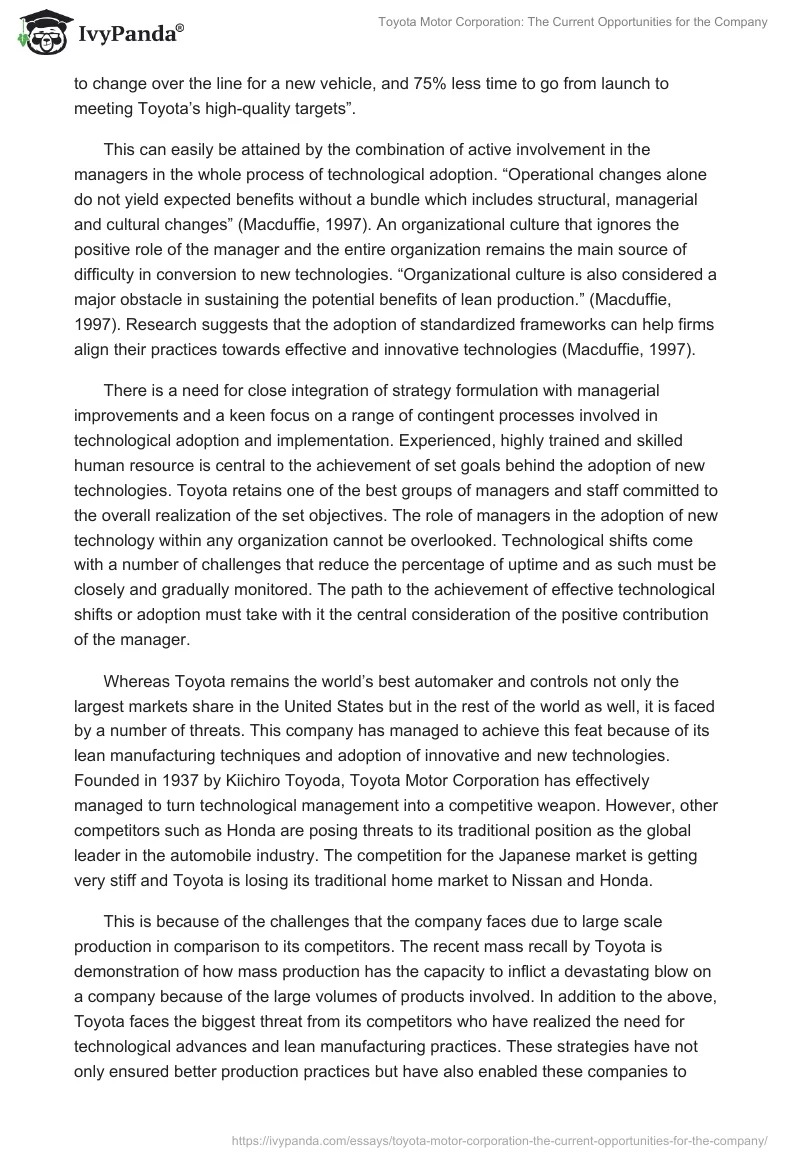 Toyota Motor Corporation: The Current Opportunities for the Company. Page 2