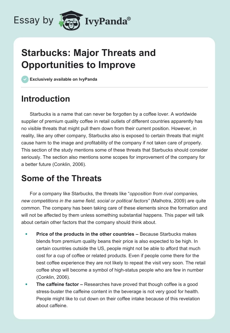 Starbucks: Major Threats and Opportunities to Improve. Page 1