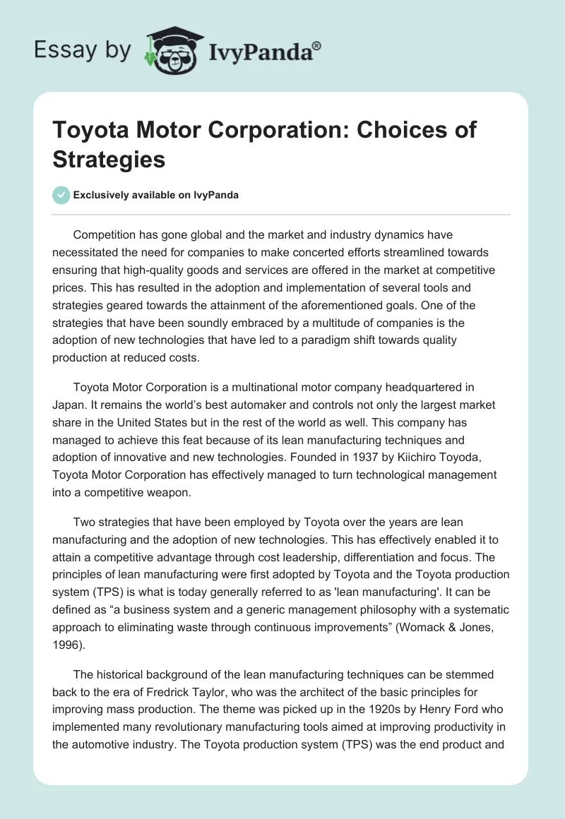 Toyota Motor Corporation: Choices of Strategies. Page 1