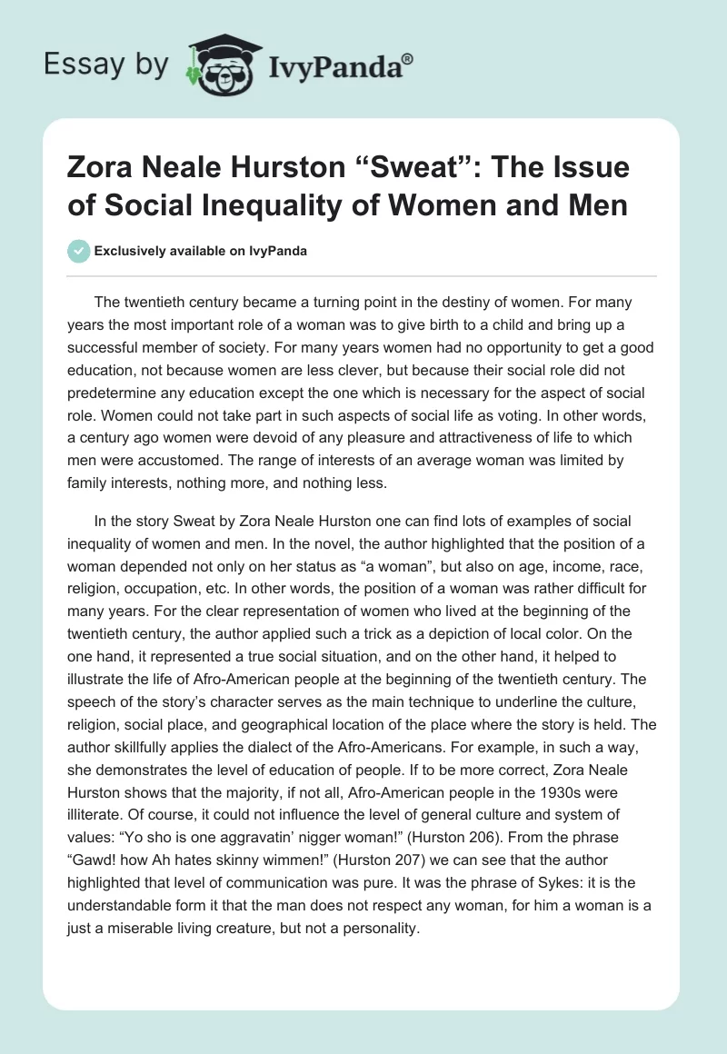 Zora Neale Hurston “Sweat”: The Issue of Social Inequality of Women and Men. Page 1