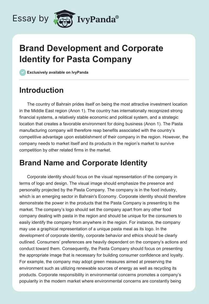 Brand Development and Corporate Identity for Pasta Company. Page 1