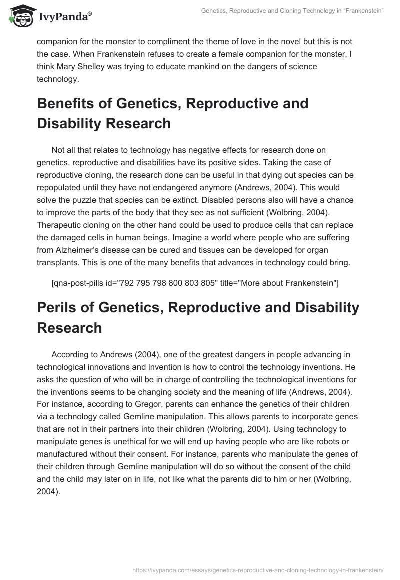Genetics, Reproductive and Cloning Technology in “Frankenstein”. Page 2
