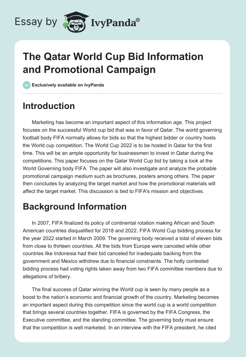 The Qatar World Cup Bid Information and Promotional Campaign. Page 1