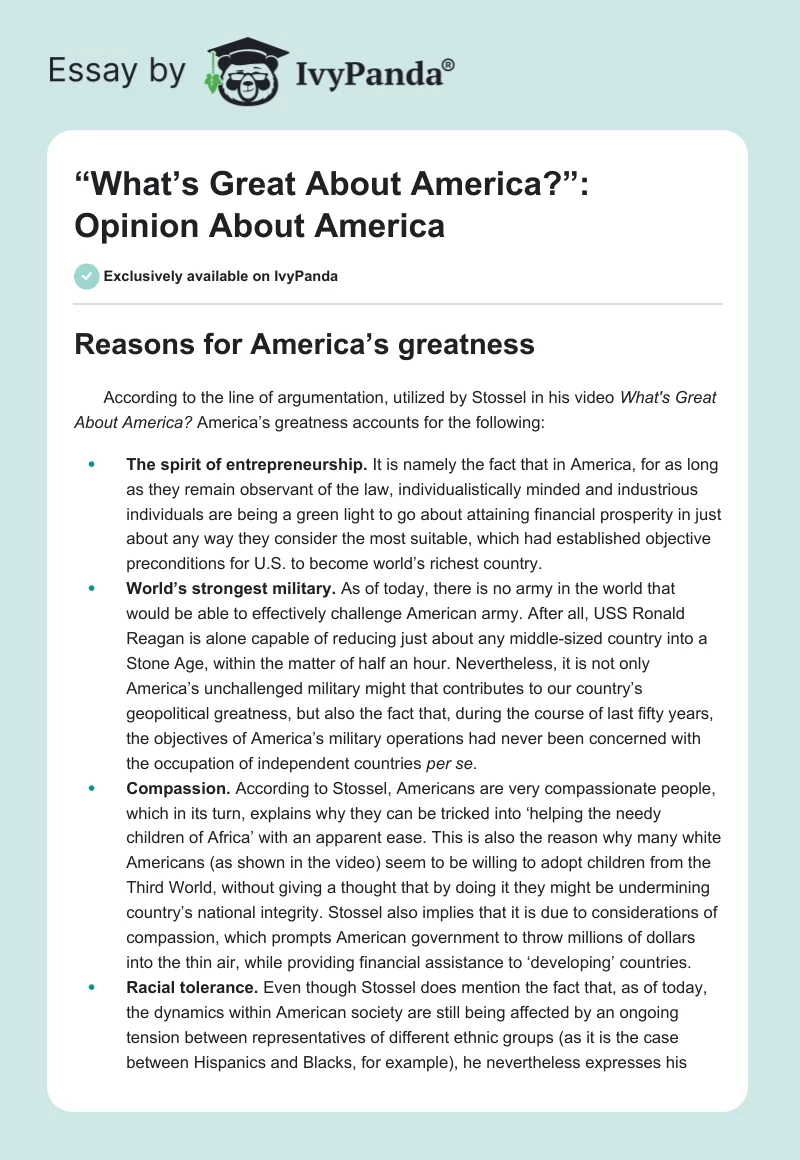 “What’s Great About America?”: Opinion About America. Page 1