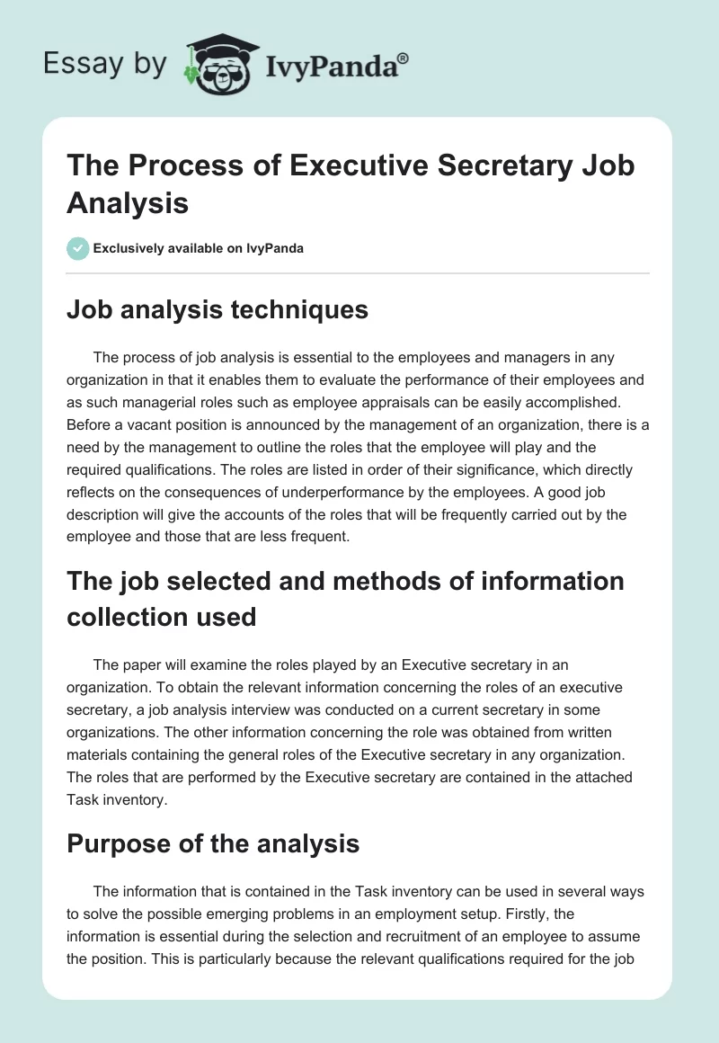 The Process of Executive Secretary Job Analysis. Page 1