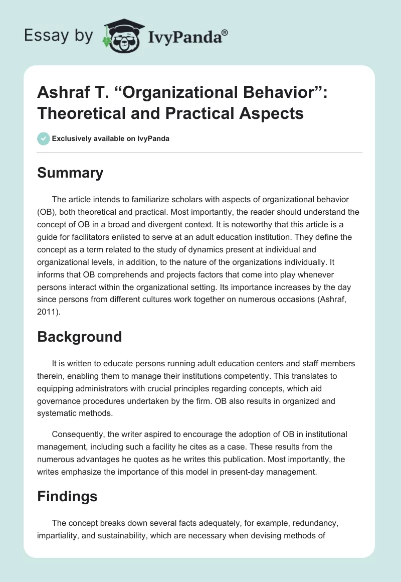 Ashraf T. “Organizational Behavior”: Theoretical and Practical Aspects. Page 1