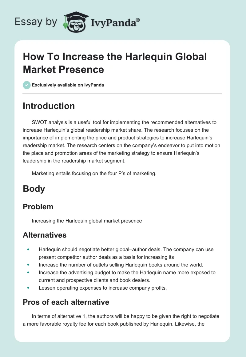 How To Increase the Harlequin Global Market Presence. Page 1