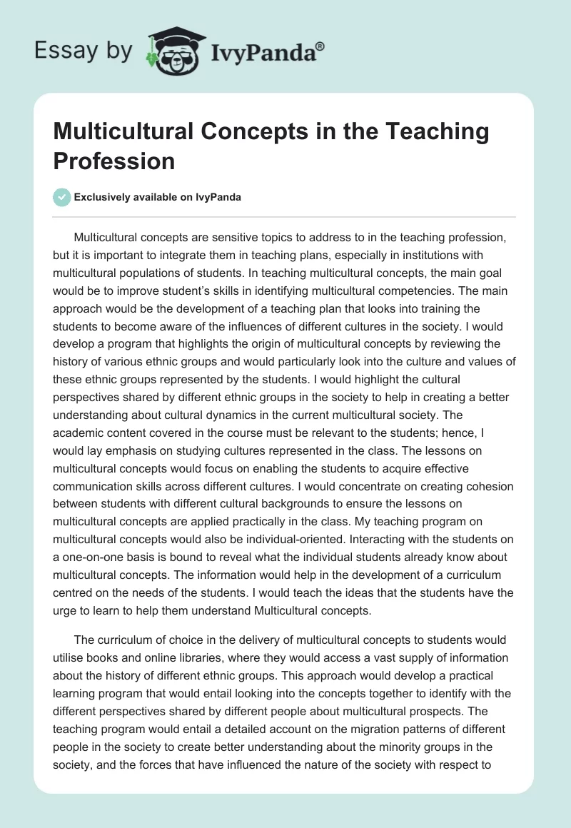Multicultural Concepts in the Teaching Profession. Page 1