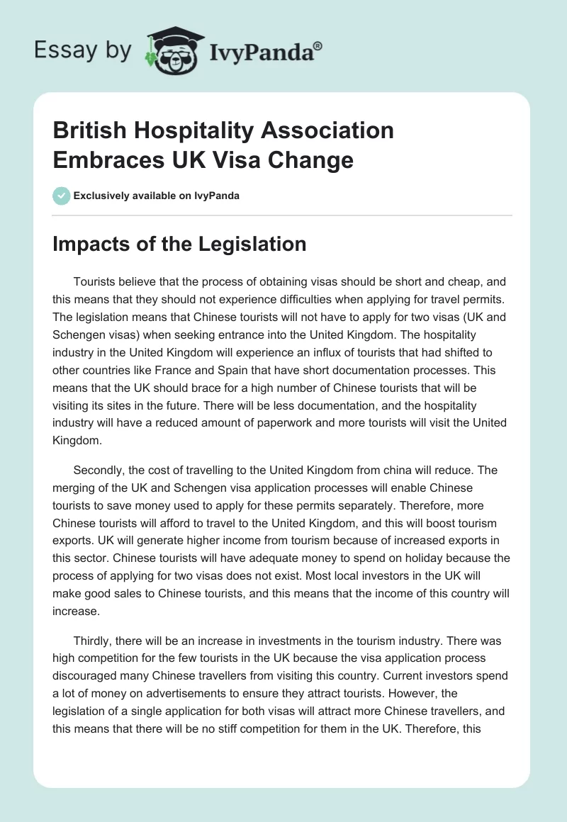 British Hospitality Association Embraces UK Visa Change. Page 1