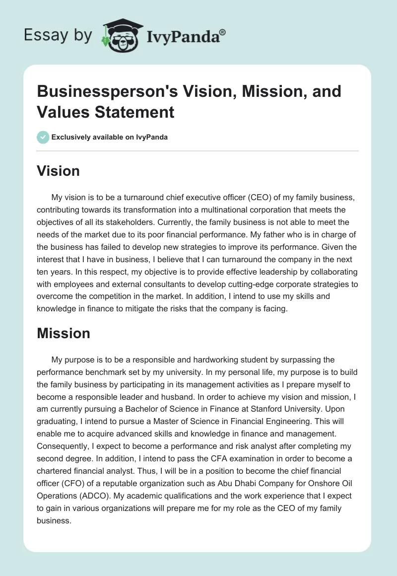 Businessperson’s Vision, Mission, and Values Statement. Page 1