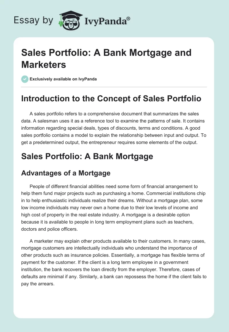 Sales Portfolio: A Bank Mortgage and Marketers. Page 1