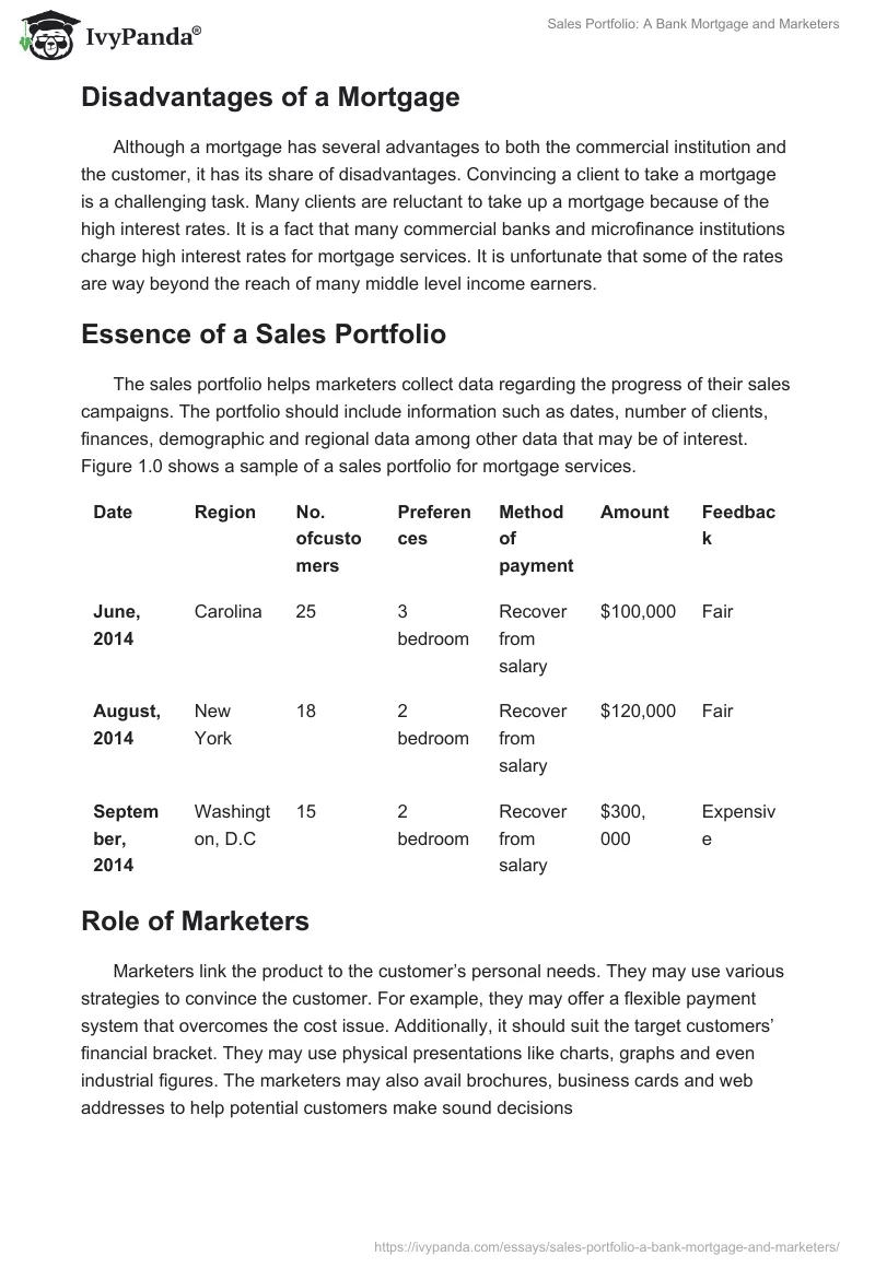Sales Portfolio: A Bank Mortgage and Marketers. Page 2