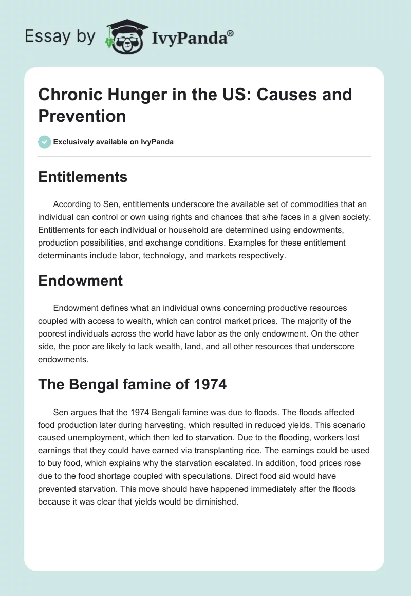 Chronic Hunger in the US: Causes and Prevention. Page 1