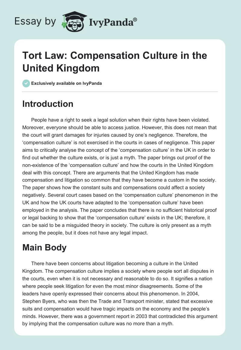 Tort Law: Compensation Culture in the United Kingdom. Page 1