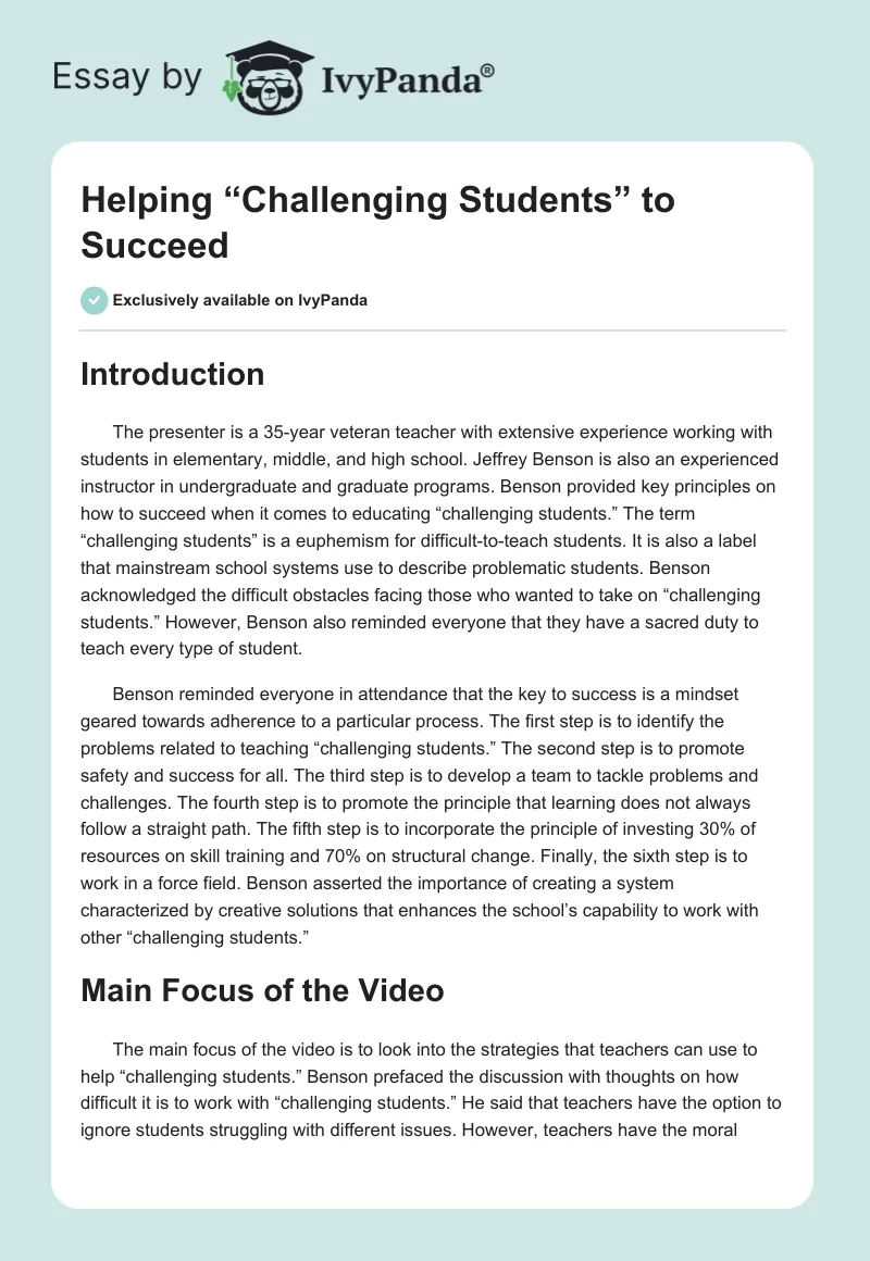 Helping “Challenging Students” to Succeed. Page 1