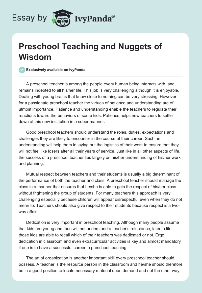 Preschool Teaching and Nuggets of Wisdom. Page 1