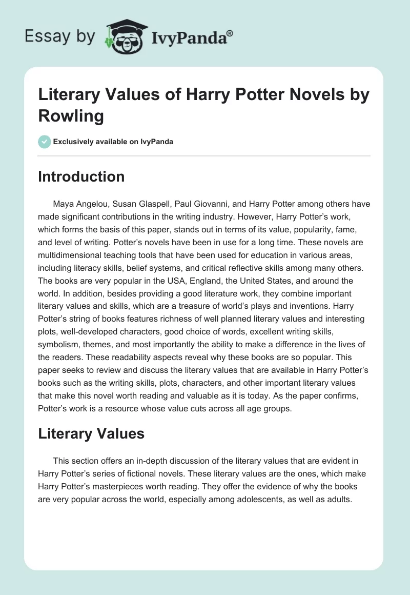 Literary Values of Harry Potter Novels by Rowling. Page 1