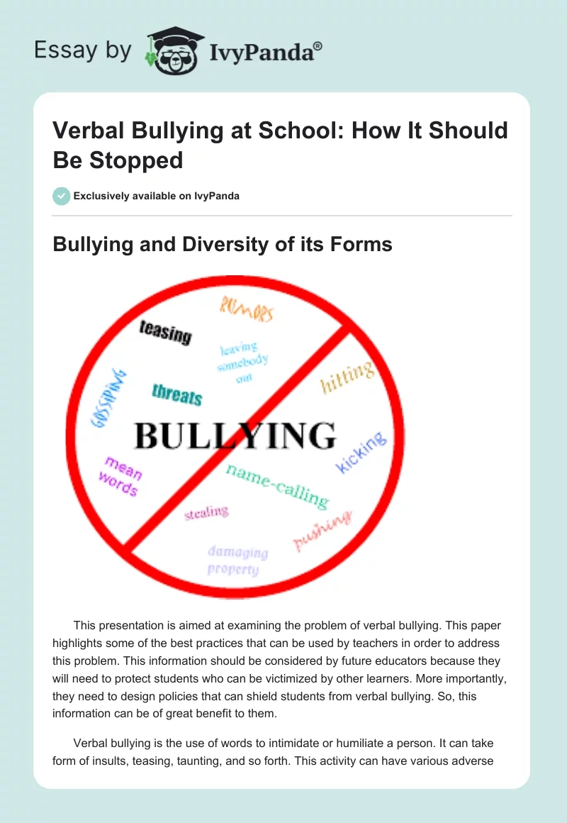 Verbal Bullying at School: How It Should Be Stopped. Page 1