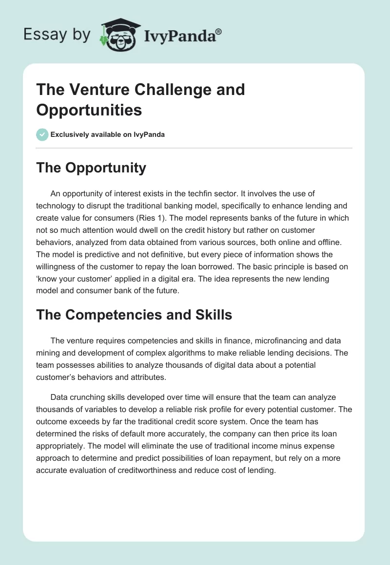 The Venture Challenge and Opportunities. Page 1