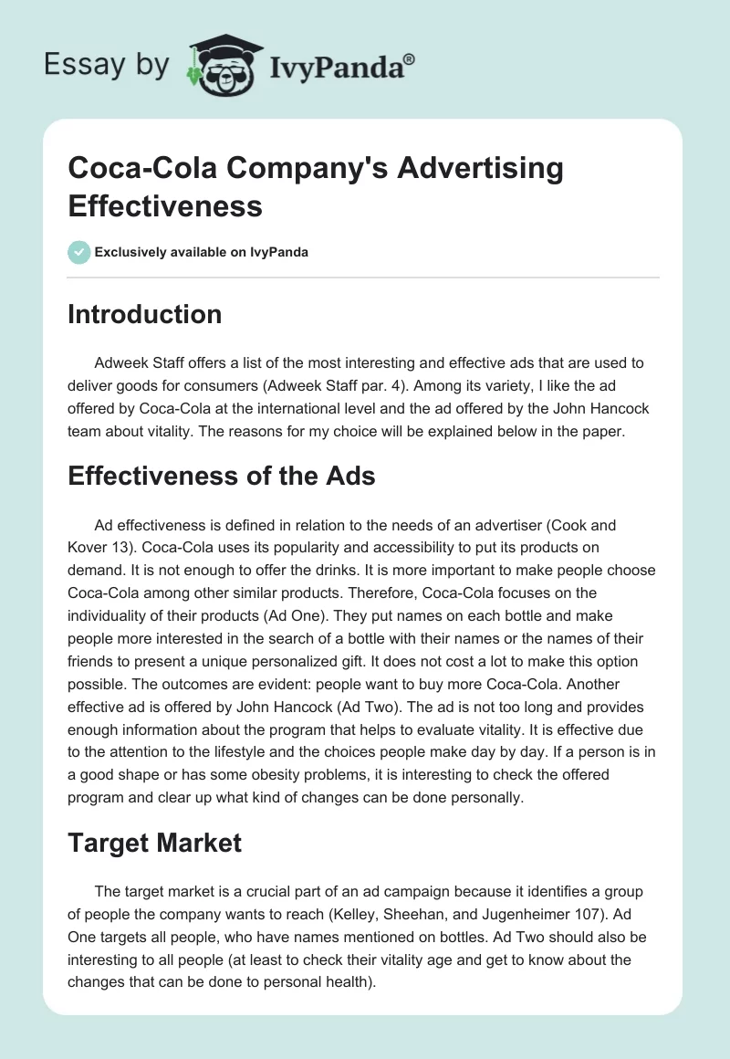 Coca-Cola Company's Advertising Effectiveness. Page 1