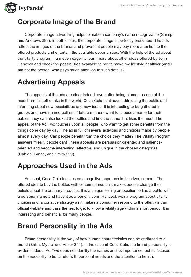 Coca-Cola Company's Advertising Effectiveness. Page 2