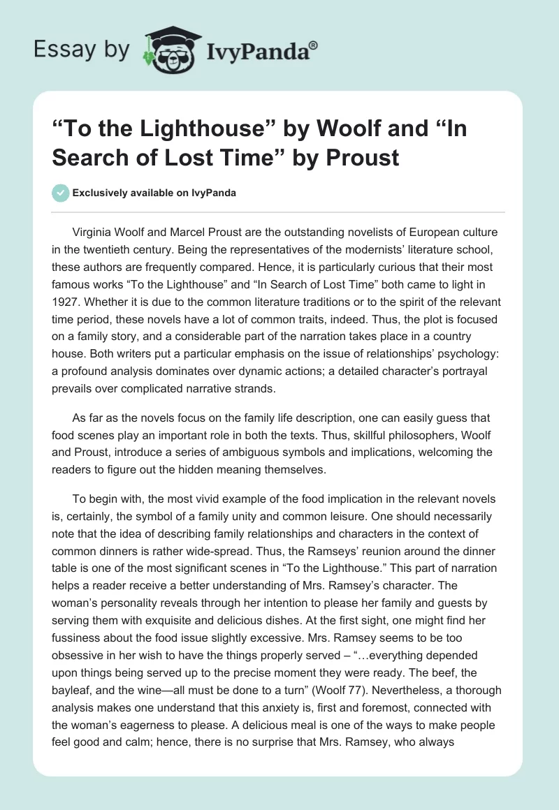 “To the Lighthouse” by Woolf and “In Search of Lost Time” by Proust. Page 1