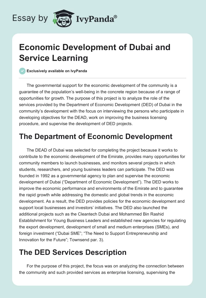 Economic Development of Dubai and Service Learning. Page 1