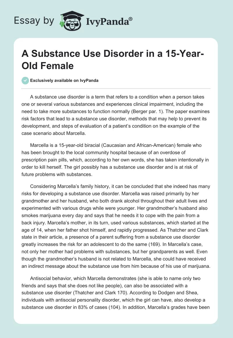 A Substance Use Disorder in a 15-Year-Old Female. Page 1