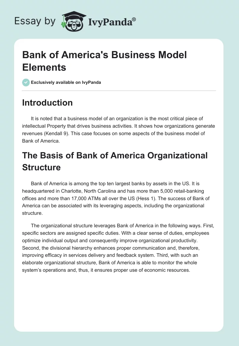 Bank of America's Business Model Elements. Page 1