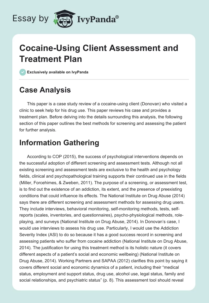 Cocaine-Using Client Assessment and Treatment Plan. Page 1