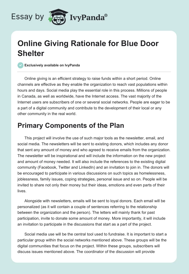 Online Giving Rationale for Blue Door Shelter. Page 1
