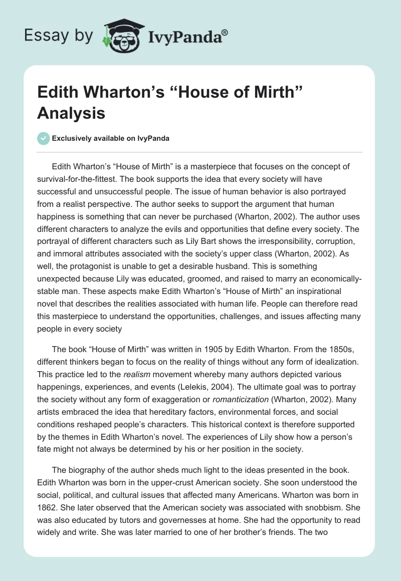 Edith Wharton’s “House of Mirth” Analysis. Page 1